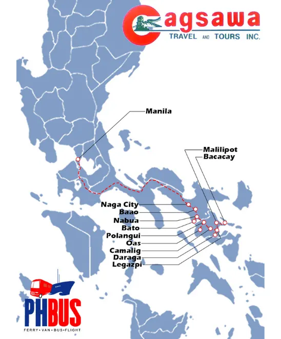 Map of the Cagsawa bus route from Manila south through Naga City, Baao, Nabua, Bato, Polangui, Oas, Camalig, Daraga and Legazpi to Malilipot and Bacacay